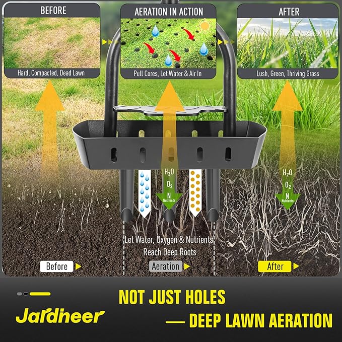 Jardineer Lawn Aerator Coring Tool with Soil Core Tray, Core Aerator with 4" Deep Plugs and Wider Foot Pedal, Manual Grass Plug Aeration Tool for Compacted Soil, Improving Lawn Health | Core Aerator with Soil Tray