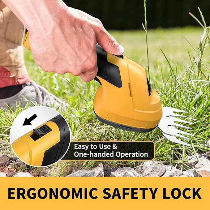 FULLYEA Cordless Grass Shear Hedge Trimmer, 2 in 1 Lightweight Electric Grass Trimmers, 2.0Ah Battery, Type-C Cable Included, Handheld Shrub Trimmer Grass Cutter for Garden(Yellow)