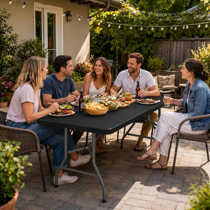 HAISIWLKJ Folding Table 6 FT Lightweight Camping Table Black Portable Plastic Rectangular Outdoor Dining Table Steel Legs Fold-in-Half with Carrying Handle for Indoor,Picnic,Party,Wedding,Events