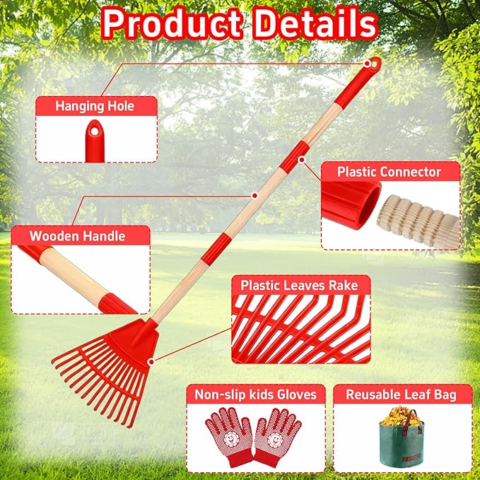 2 Pack Kids Adjustable Leaf Rake Set – 28" to 34" with Detachable Wooden Handles, Lightweight Plastic Head, Designed for Kids, Includes 2 Pairs of Gloves & Leaf Bag (Red/Blue)