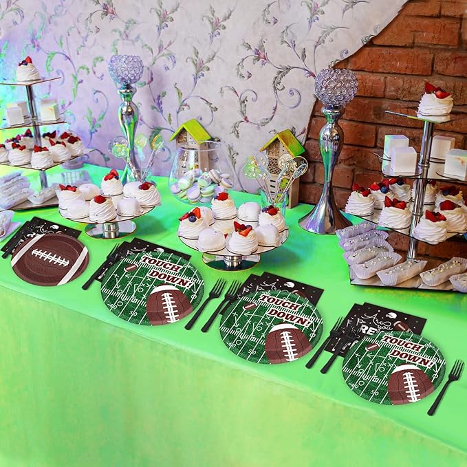 96 Pieces Football Tableware Set 24 Guests for Football Birthday Table Decorations Supplies Touchdown Football Game Day Party Dessert Plates Napkins Forks Birthday Party Favors