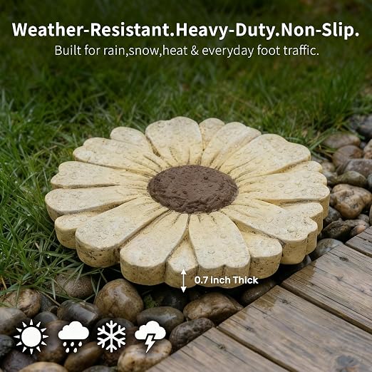 Heavy Duty Concrete Stepping Stone 10 Inch Daisy Design, Non Slip Garden Pathway Stone for Outdoor Walkway Yard Patio Lawn (White)