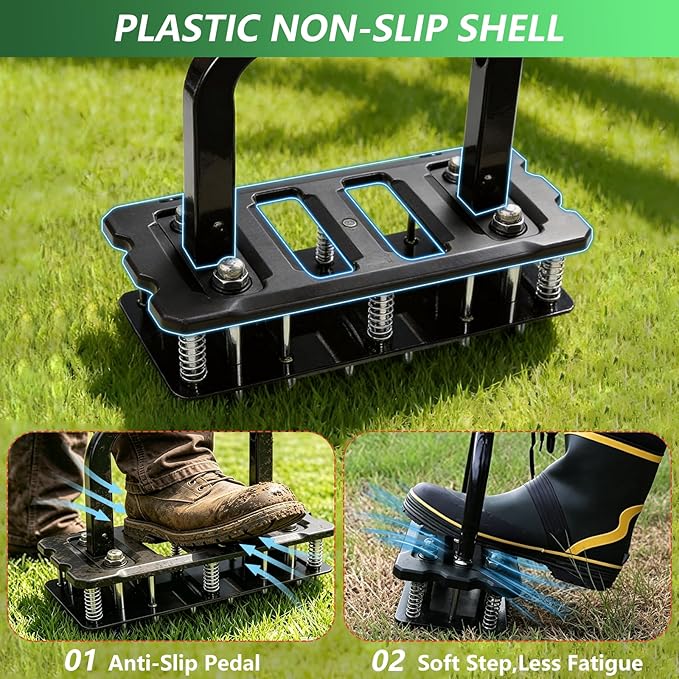Lawn Aerator Spike Tool with 15 Iron Spikes & 6-Spring, Dual-Layer Self-Cleaning Design, Thickened Support Rod, Plastic Non-Slip Shell, Effortless Soil Loosening & Yard Aeration