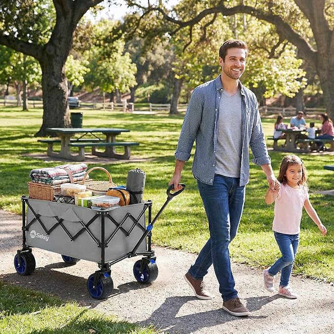 Sekey 150L Wagons Carts Foldable with Big All-Terrian Beach Wheels, Collapsible Heavy Duty Wagon, Extra Large Folding Wagon, Foldable Wagon for Camping, Garden, Sports. Gray