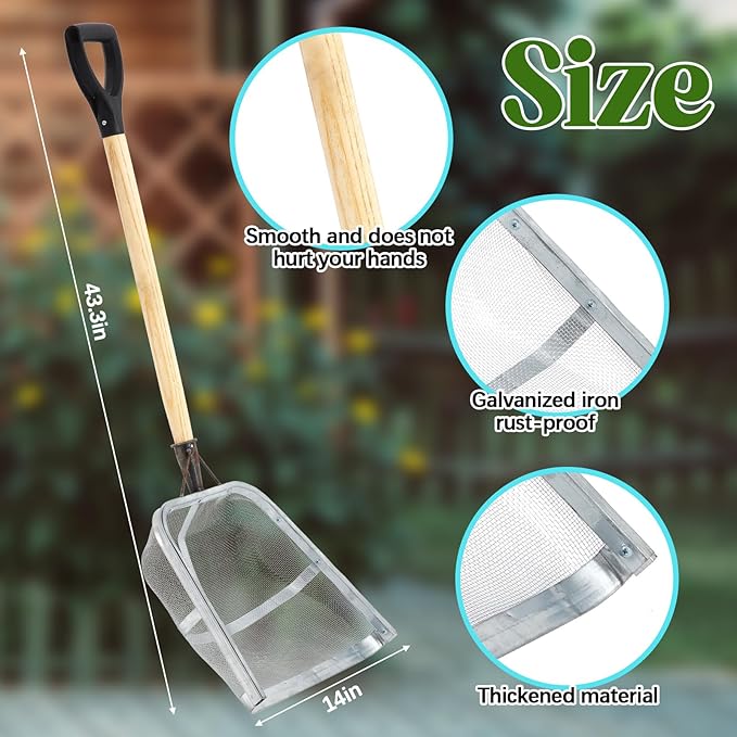Teenyyou Leaking Soil Shovel Filter 0.08 Inch/ 2 mm Mesh 43.3''L Chicken Poop Scooper Stainless Steel Sieve Sifting Shovel with D Grip Wood Handle for Gardening Farm Chicken Coop Goat Stall