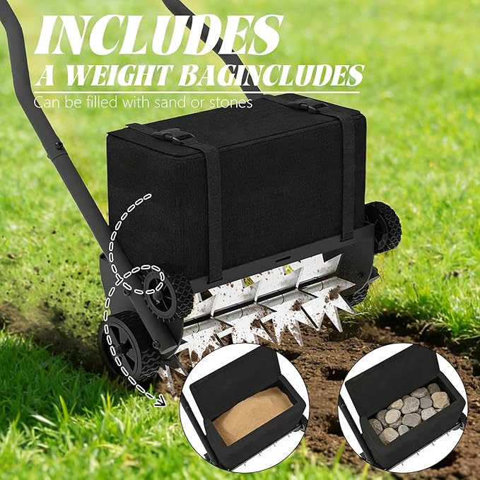 Lawn Aerator with Weight Bag, Heavy Duty Lawn Aerator Tool with 4 Wheels, Manual Lawn Aerators Tool with 43.3" Steel Handle, Core Aerator Lawn Tool Alternative for Lawn, Garden and Yard