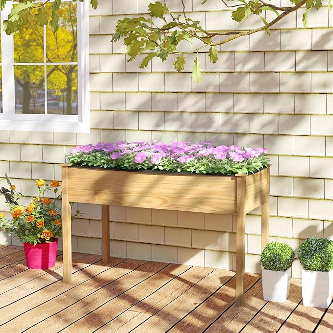 Giantex Raised Garden Bed, Elevated Wood Planter Box with Liner, 47"x23"x30" Freestanding Raised Bed for Indoor Outdoor Plants, Vegetables Flower Herbs Fruit Gardening