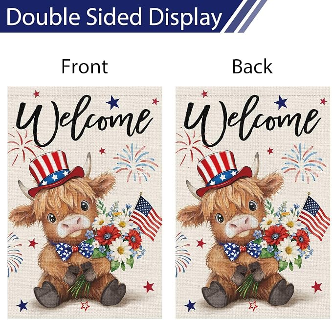 Heyfibro Welcome 4th of July Patriotic Garden Flag 28x40 Double Sided Burlap, Highland Cow with American Flag & Fireworks Yard Banner for Rustic Daisy Independence Day Outdoor Decor