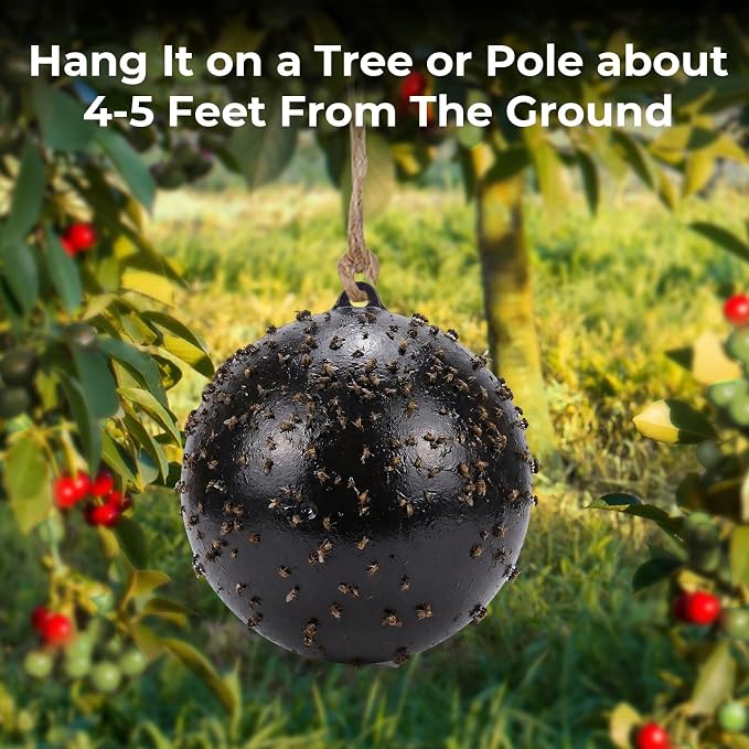4 Pcs Large Fly Trap Balls Hanging Fruit Fly Traps Outdoor Adhesive Insect Balls with 2 Pcs Sticky Coating Glue Air Pump Insect Catch Sticky Bug for Farm Orchard Deerflies Mosquito (Black)