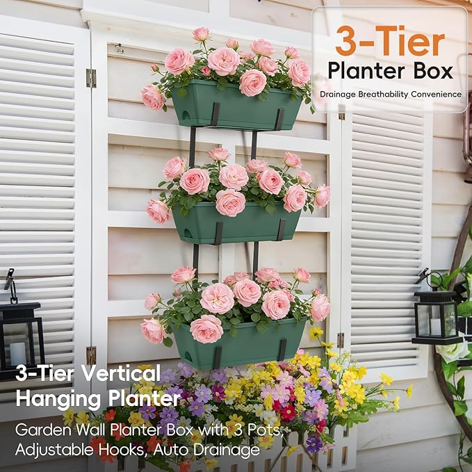 OYEAL Window Boxes Planters Deck Railing Planter Boxes with Adjustable Brackets & Rectangular Flower Pots Rectangular Herb Planter for Garden Fence, Patio, Balcony Decor Green