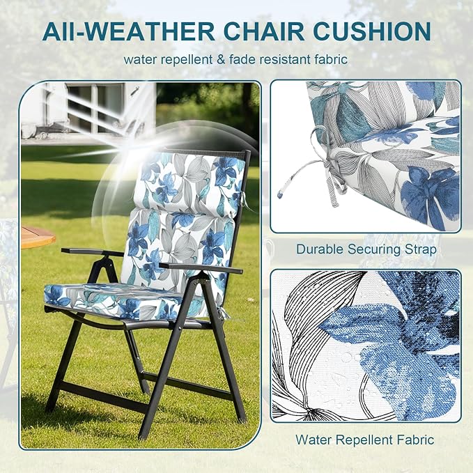 DYTXIII Outdoor High Back Chair Cushions Set of 2, 44"x22" Water Repellent Patio Seat Cushions with Elastic Sponge, All Weather Chair Pads for Rocking, Dining, Patio Furniture - Clemens Noir Blue