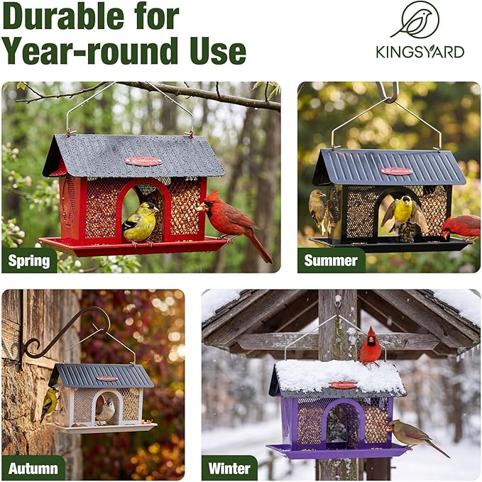Kingsyard Bird Feeder for Outdoors Hanging, Dual-Use Metal Mesh Wild Bird Feeders with Seed Tray & Weatherproof Roof, 3 lbs Large Capacity, Red