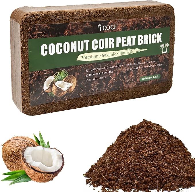Coco Coir Brick - Low EC & pH Balanced, Compressed Organic Coconut Fiber Potting Mix for Indoor Outdoor Plants, Seed Starting, Hydroponics & Reptile Bedding（1.4lb）