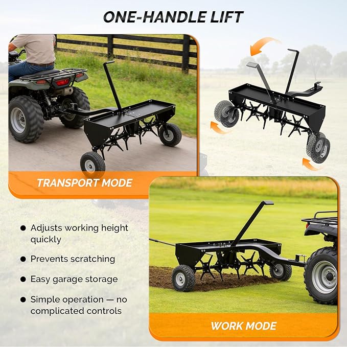 VINGLI 40" Tow Behind Lawn Plug Aerator with Weight Tray, 24 Knives, Adjustable Handle & 10" Inflatable Wheels, Universal Hitch for Lawn Tractor ATV UTV, Garden, Yard, Farm, Black