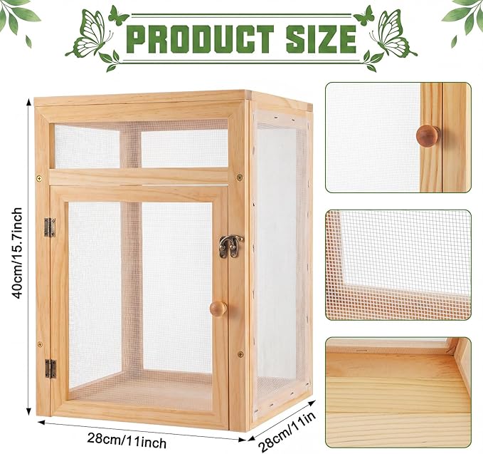Bucherry Wooden Butterfly Habitat Cage Kit Monarch Caterpillar Enclosure with Mesh Tent & Wood Frame, Detachable Insect Observation House for Kids Outdoor Garden(15.7")