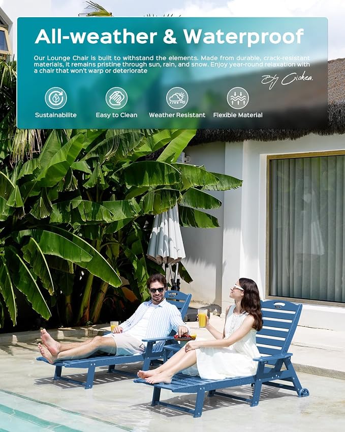 Ciokea Outdoor Chaise Lounge Chair Set of 2, Patio Lounge Chairs for Outside, HDPE Lounge Chair with Wheels & Cup Holder, Poly Chair with 5 Position for Poolside, Deck, Navy Blue