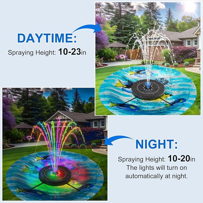 SEIRMEP Solar Fountain Pump with 3 Spray Height Adjustments, Upgraded Glass Solar Bird Bath Fountains with LED Lights,6 Nozzles,Outdoor Solar Water Fountain for Bird Bath, Garden, Pool, Pond (Blue)