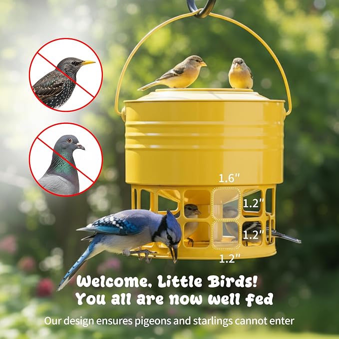 KOL Large Bird Feeder for Outdoors, 10LB Capacity Squirrel Proof Metal Feeder with 32 Feeding Ports & 3 Perches, Easy-Clean Hanging Birdfeeder for Cardinals, Bluebirds, Finches (Earthy Yellow)