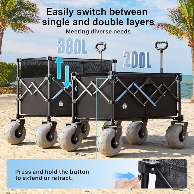 Beach Wagon with Big Wheels for Sand, 450LBS Heavy Duty Foldable Collapsible Wagons Carts with 9" All Terrain Inflatable Tires, Adjustable Capacity 200L–380L for Groceries, Camping, Sports