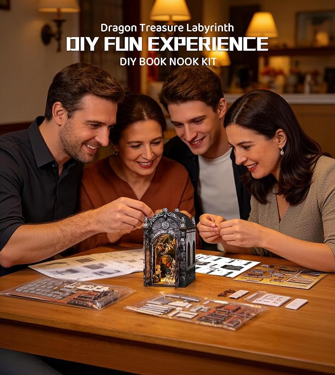 Roroom 3D Puzzles for Adults, Fantasy Book Nook Kit with LED Light, Wooden DIY Miniature House Kit Bookends for Bookshelf Decor-Creative Crafts for Family and Friends