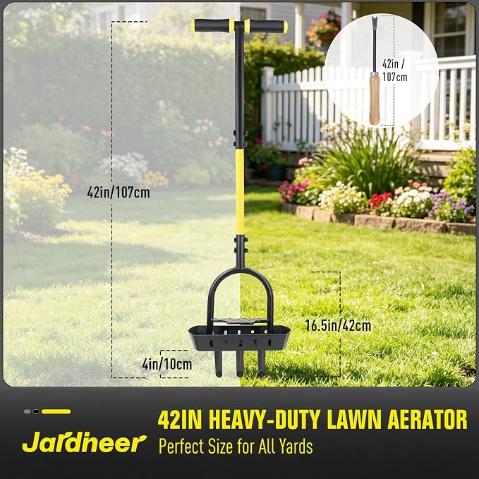 Jardineer Lawn Aerator Coring Tool with Soil Core Tray, Core Aerator with 4" Deep Plugs and Wider Foot Pedal, Manual Grass Plug Aeration Tool for Compacted Soil, Improving Lawn Health | Core Aerator with Soil Tray