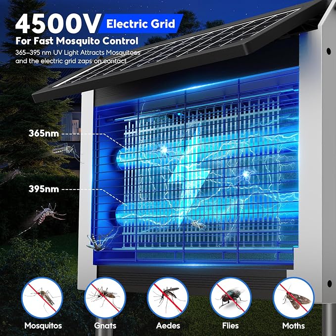 Solar Bug Zapper Outdoor, 4500V Electric Mosquito Zapper with Dual Solar Panels & USB Charging, Auto On/Off Mosquito Killer, IPX5 Waterproof Fly Trap for Backyard Patio Garden Camping, 1 Acre