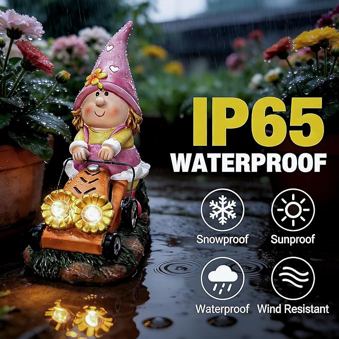 Solar Garden Gnomes Decor for Yard, Fairy Sunflower Lawn Mover Statue | 8inch Height, Lighting 8-10 Hour, Waterproof Outdoor Figurine Lights, Face-revealing, Heart Hat, Pink Gifts for Women