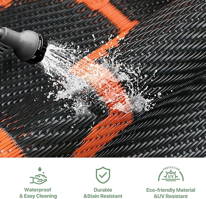 GENIMO 6' x 9' Outdoor Rug Waterproof for Patio Decor, Foldable Reversible Plastic Straw Area Rugs Mat for Camper, Outside Carpet for Rv, Deck, Porch, Picnic, Beach, Balcony, Black & Orange
