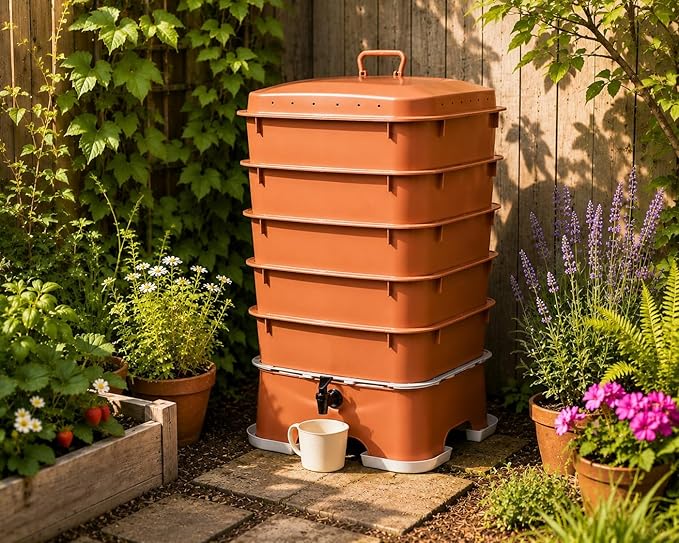 Original Vermihut ® Plus 5 – Tray Worm Composter -Sustainable Design for Both Indoor & Outdoor, Worm Compost Bin for Vermicomposting Starter, Recycling Food Wastes to Save Our Planet-Terracotta