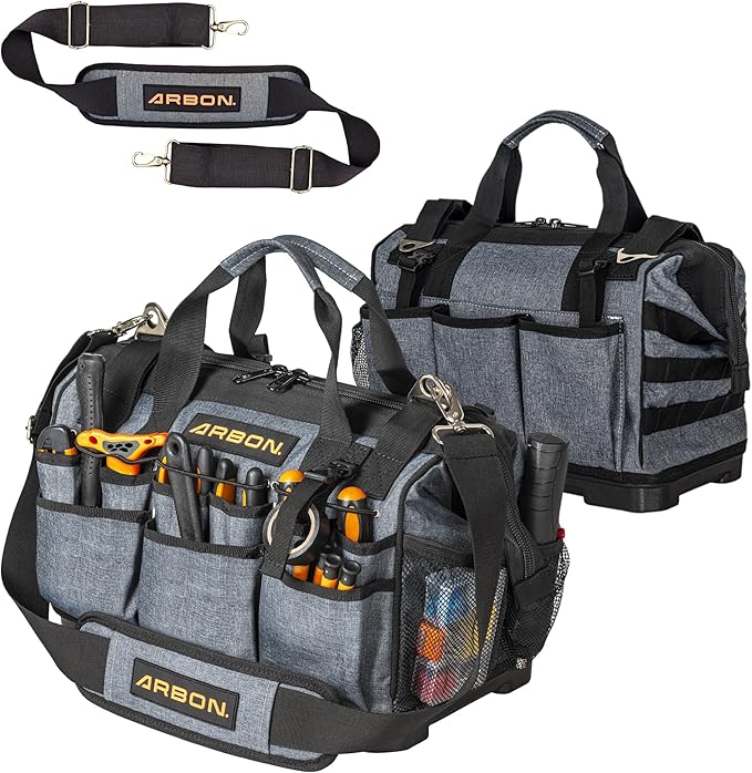 Arbon Electrician Tool Bag – Heavy Duty Organizer with 34 Pockets, Large Storage for Men, 5-Layer Reinforced Walls, Metal Frame, Hard Molded Base, Water Resistant Polyester PP Plastic, Grey, 52+ lb
