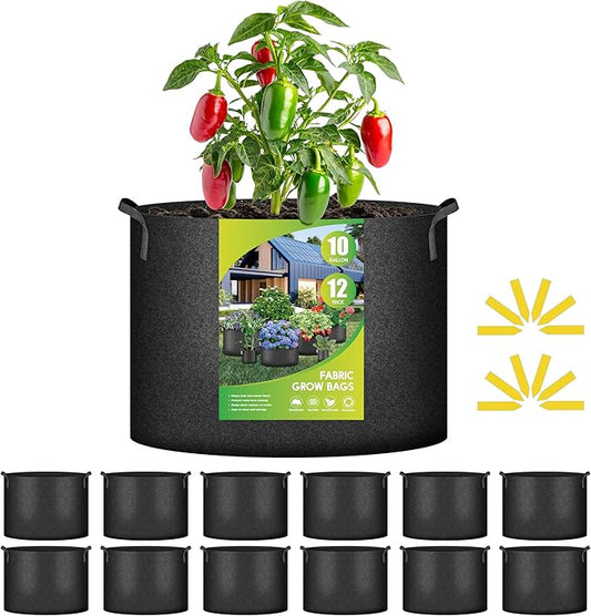 iPower 12-Pack 10 Gallon Grow Bags Heavy Duty Thickened Aeration Nonwoven Fabric Pots with Nylon Handles and 12 Labels for Planting Vegetables, Fruits, Flowers, Black
