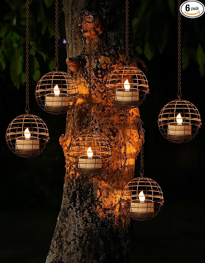Large Solar Lights Outdoor Hanging Lanterns 6 Pack, Rustic Iron 4.3" Ball Solar Tea Lights with Flickering Flame Candle, Waterproof Hanging Lights for Backyard Patio Garden Fence Tree Pergola Décor