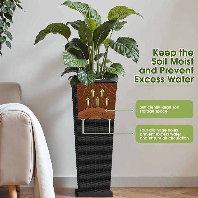 Devoko Resin Tall Planters for Outdoor Plants Set of 2, Large Taper Outdoor Planter Pots with 4 Drainage Holes, Flower Pots Modern Decor for Porch, Patio, Backyard, Garden(Black, 32" with Trays)