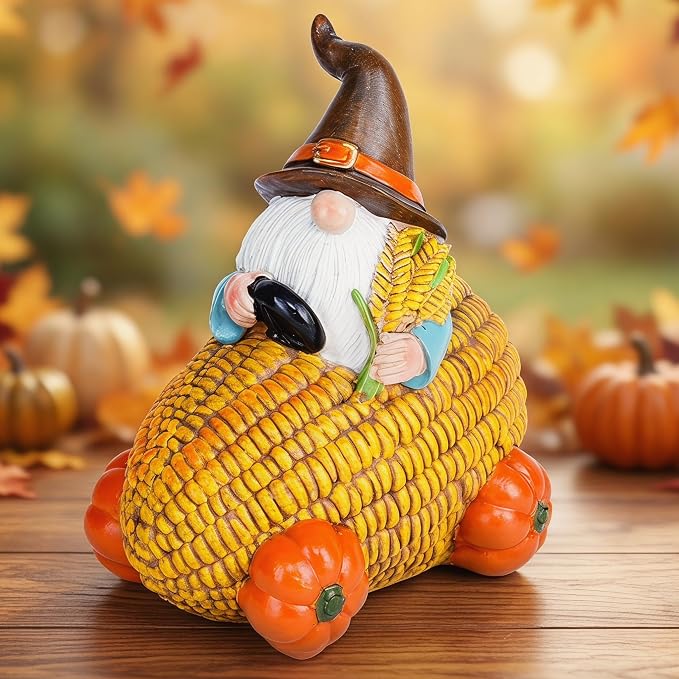 Topadorn Fall Gnome Corn Car Figurine, Resin Harvest Gnome Statue with Pumpkin Wheels, Thanksgiving Table Decoration, Farmhouse Autumn Decor for Indoor & Outdoor