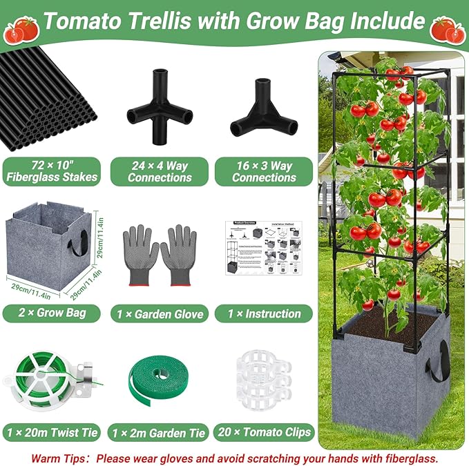 2 Pack Square Tomato Cages with Grow Bags, 42.5 Inch Stable Square Tomato Planter Support Stakes Kit for Garden, Tomato Cages Trellis Pots for Spring Climbing Vertical Plants Vegetables Fruits Vines