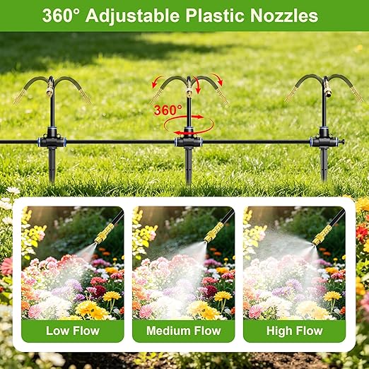Thiswing 100 FT 360° Adjustable Irrigation System for Garden with Stake Holders – 1/4" Tubing, 16 Nozzles, Automatic Watering Misting System, Sprinkler for Garden, Raised Bed, Lawn, Plants