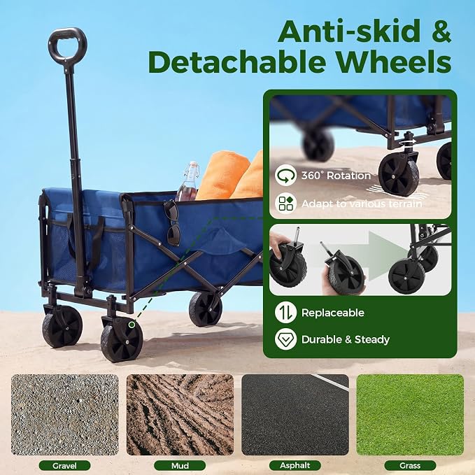OLIXIS Collapsible Wagon 67L Compact Lightweight Utility Folding Wagon Cart with Wheels – 220 lbs Weight Capacity, Flexible Handle for Beach, Grocery, Camping, Shopping, Sports & Garden, Blue