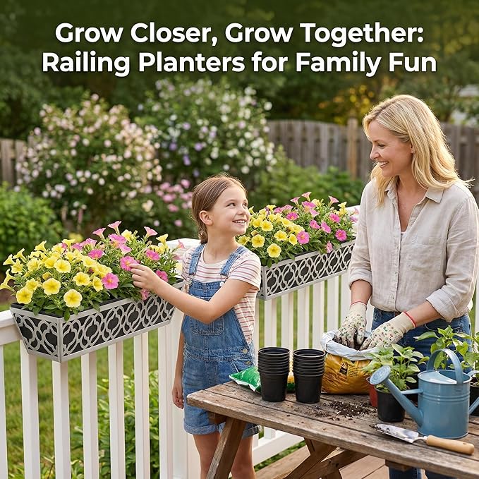 4 Pack 24 Inch Railing Planter Boxes with Adjustable Brackets & Non-Woven Liner, Deck Window Hanging Flower Box for Balcony, Fence, Patio, Outdoor Garden, Gray