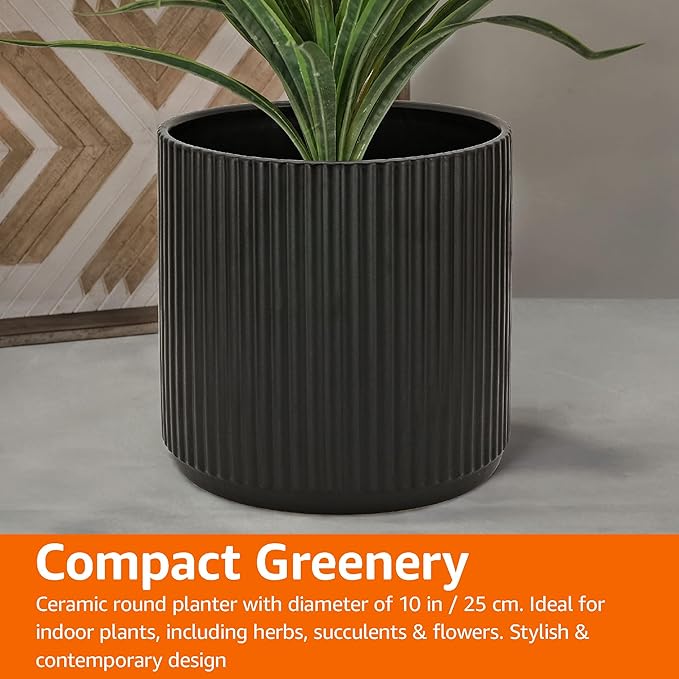 Amazon Basics Fluted Ceramic Planter Pot for Indoor Outdoor Plants, Round Flower Pot with Drainage Hole, 10-inch, Black