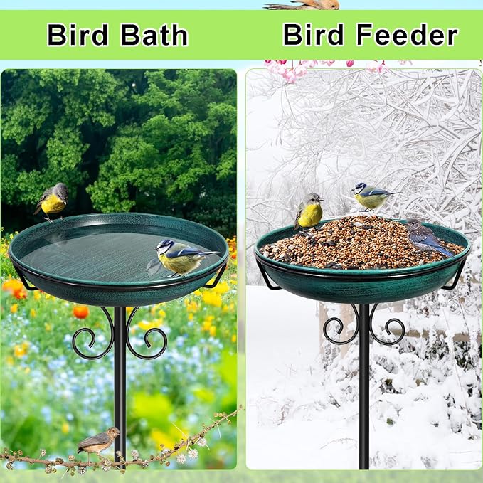 38In Freestanding Bird Bath for Outside, Detachable Birdbaths with Metal Stake, Bird Bath Feeder Bowl for Outdoors Garden Patio Yard Lawn,Sturdy Upgraded 5 Pronged Base (Green)