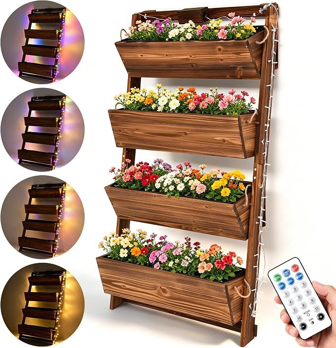 2026 Upgraded 4-Tier Wooden Vertical Raised Garden Bed with 11-Mode LED Lights and 3 Timer Settings, 51" H Wall-Leaning Tiered Planter Box with Tilt-Out Boxes, Liner & Drainage Holes for Patio