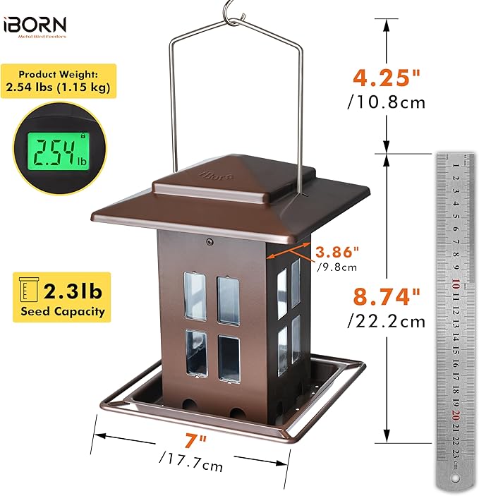 iBorn Bird Feeder for Outdoor Hanging,Metal Bird Feeder Hanging Outside for Cardinal, Double-Sided Hanger Wild Birdfeeder All Metal Constructions, Holds 2.6LB Seed, Bronze,8 Ports