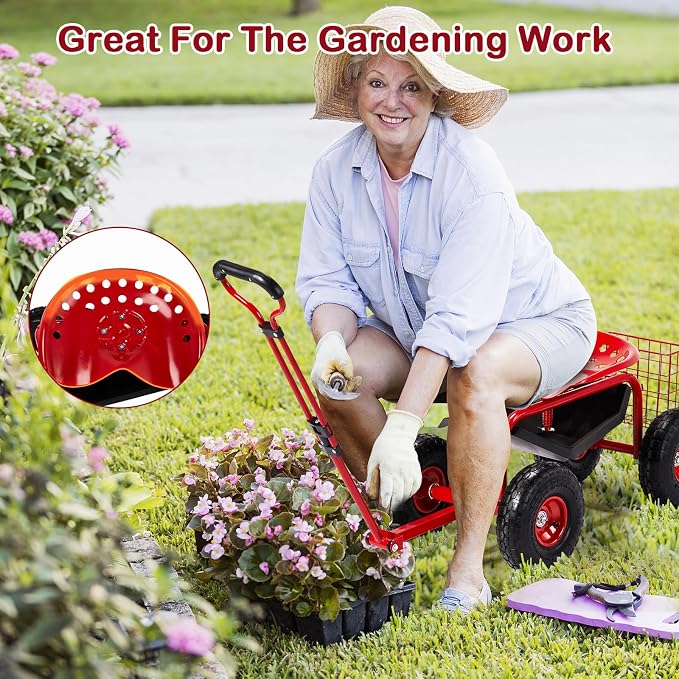 Garden Cart Rolling Workseat with Wheels, Gardening Stool Cart Seat with 360 Degree Swivel Seat & Extendable Handle & Tool Tray, Patio Wagon Scooter for Planting, Weeding, and Outdoor Tasks, Red