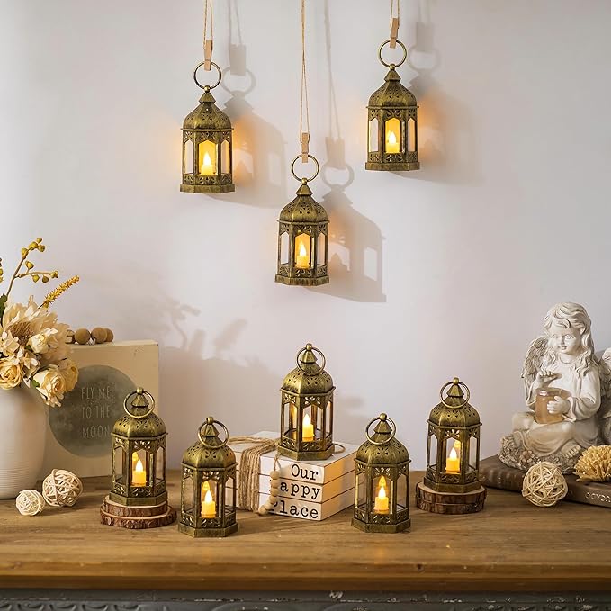 Mini Lantern with Flickering LED Candles Set of 10, Hewory Gold Vintage Decorative Hanging Candle Lanterns for Halloween, Christmas, Wedding Decorations, Party, Table Centerpiece, Battery Included