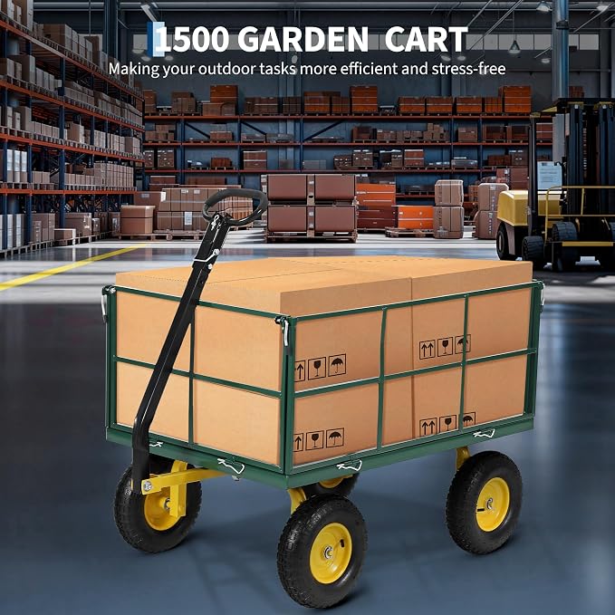 Garvee 1500 LB Garden Wagon Cart with 13 in All Terrain Tires, 3-in-1 Yard Wagon Cart with Removable Side Panels, Heavy Duty Outdoor Metal Utility Wagon Yard Trailer for Outdoor Lawn, Yard, Backyard