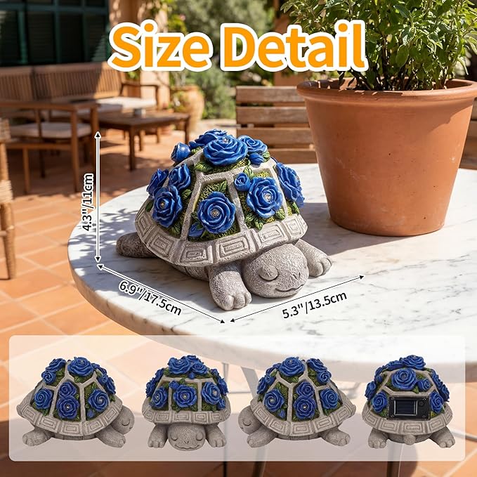 Solar Garden Outdoor Decor Turtle Statue with Dark Blue Roses & 7 LED Lights – Outside Tortoise Decor for Yard Patio Balcony & Backyard - Home House Decoration Art - Gift for Men Dad Women Mom