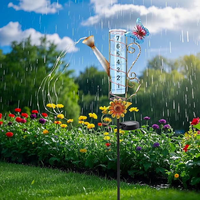WONDER GARDEN Solar Rain Gauge Outdoor, Kettle Decorative Rain Gauges Outdoors Best Rated with Stream-Like LED Lights, Freeze Proof Water Rain Measure Gauge for Yard Patio Lawn Decor