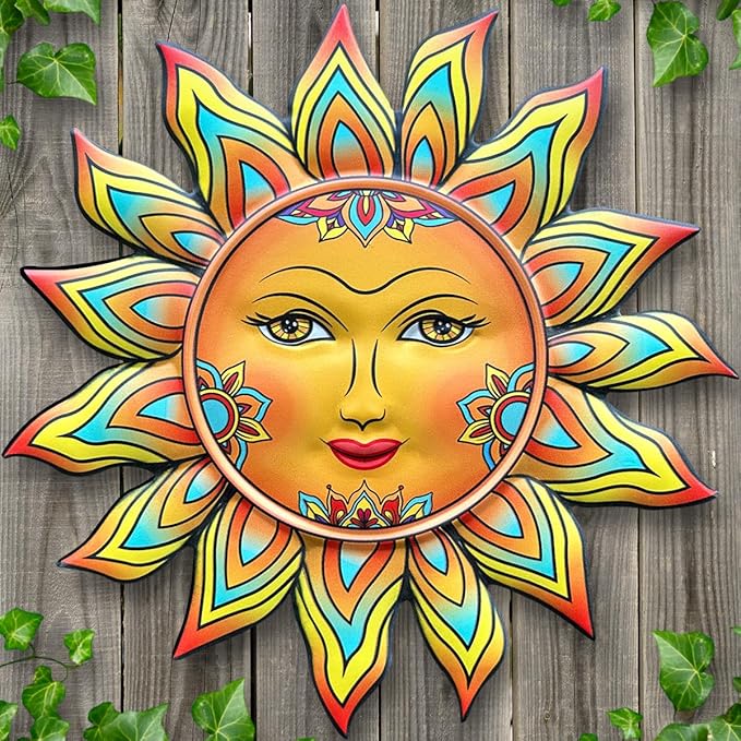 Metal Sun Flower Wall Decor - 12.87 inches Sun Wall Art Hanging Decorations for Outdoor, Home Garden Yard Patio Fence Bedroom Decor, Gifts for Mom Friends