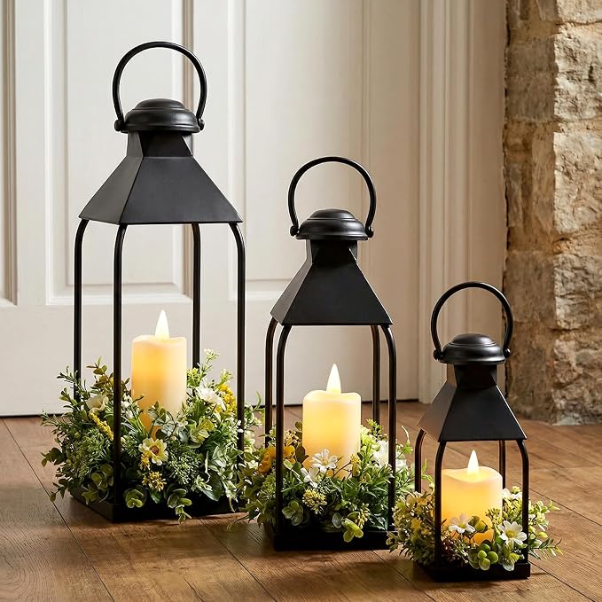 Decorative Metal Lanterns Indoor Outdoor, Set of 3 Farmhouse Lantern Holders Without Candles for Porch, Patio, Fireplace, Floor, Wedding & Holiday Table Centerpiece (Black, 20" 15.7" 12")