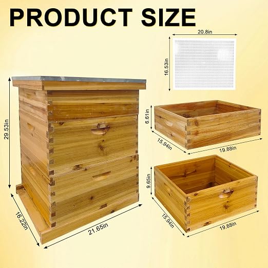 5-Layer Langstroth Bee Hive Kit, 100% Beeswax Coated Wood Beehive Includes 2 Deep Breeding Boxes and 3 Medium Super Boxes, 10-Frame Standard Bee House with Metal Top Cover, No Frames